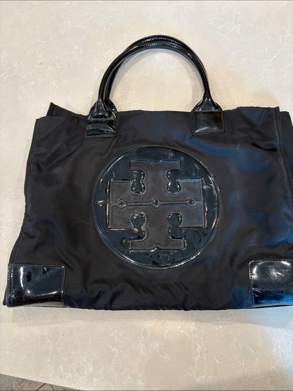 Tory Burch Black Nylon Tote with Patent Logo and Trim